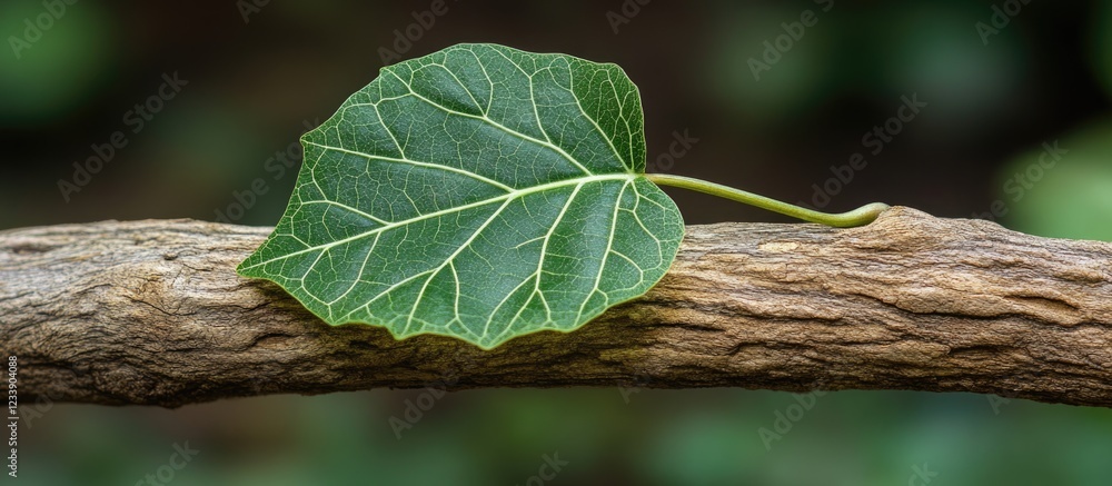 Poster single green ivy leaf resting on a textured wooden branch with blurred green background and ample co