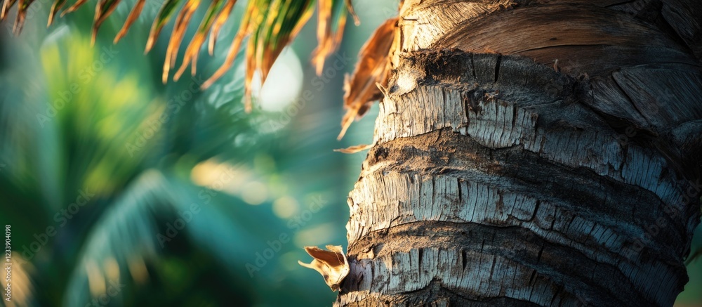 Aufkleber close-up of palm tree trunk with textured bark and blurred tropical foliage in the background copy s
