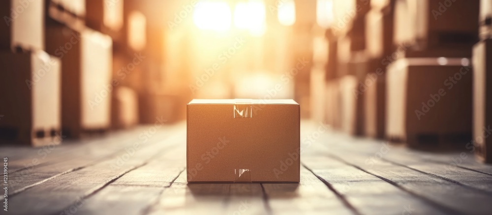 Poster cardboard box in warehouse setting with sunlight filtering through, wooden floor visible, copy space