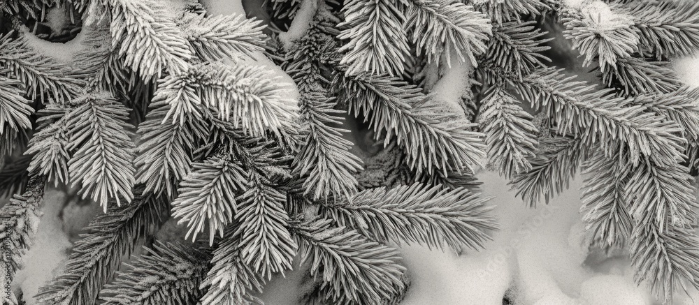 Poster frosty evergreen tree branches covered in snow with white background and copy space for text placeme
