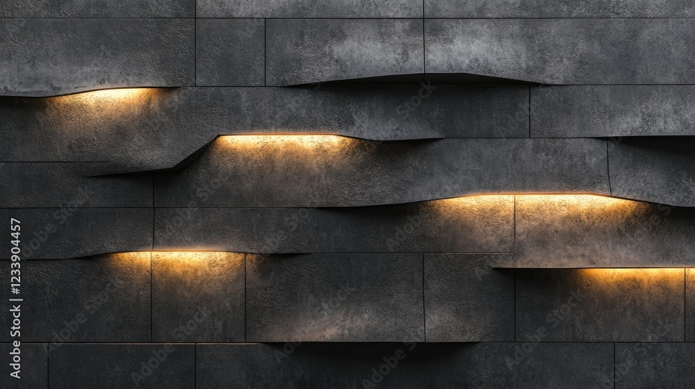 Poster textured gray wall with illuminated led strips creating a modern architectural design copy space