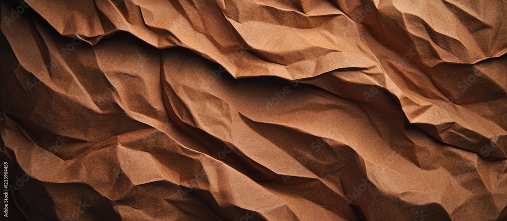 Poster brown crumpled paper texture background with shadows and depth