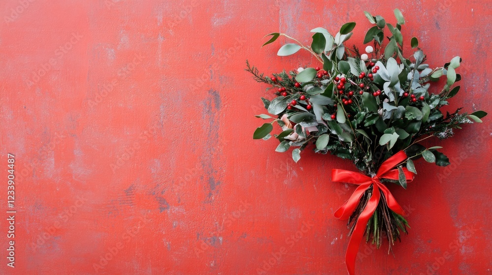Poster eucalyptus and berry bouquet tied with red ribbon on textured orange background with copy space for 