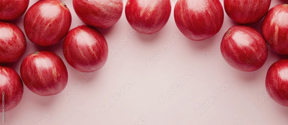 Aufkleber red onions arranged on a light pink background with copy space for text placement