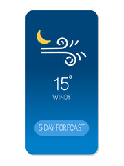 Weather forecast displaying windy conditions with a temperature of 15 degrees Celsius