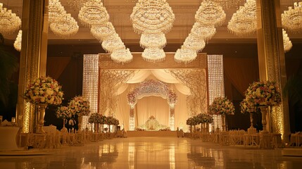 Luxurious wedding venue decorated with multiple chandeliers and floral arrangements