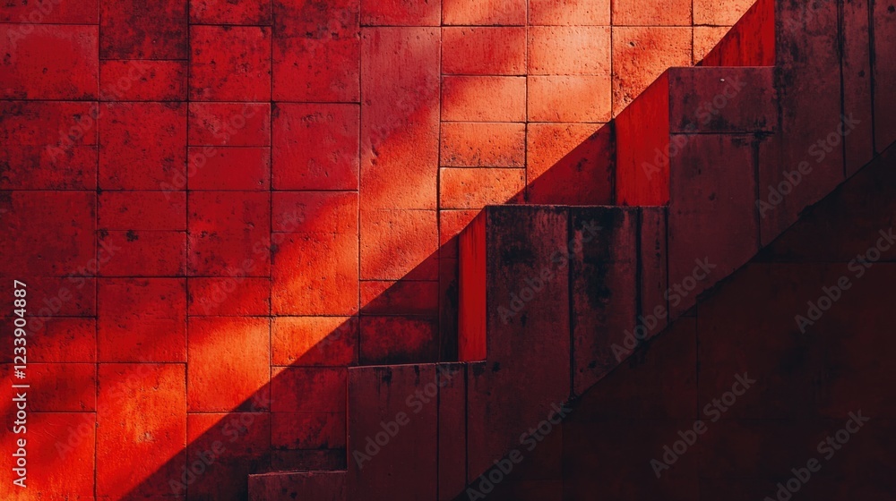 Poster red textured wall with a staircase casting shadows and light patterns, strong geometry and vibrant c