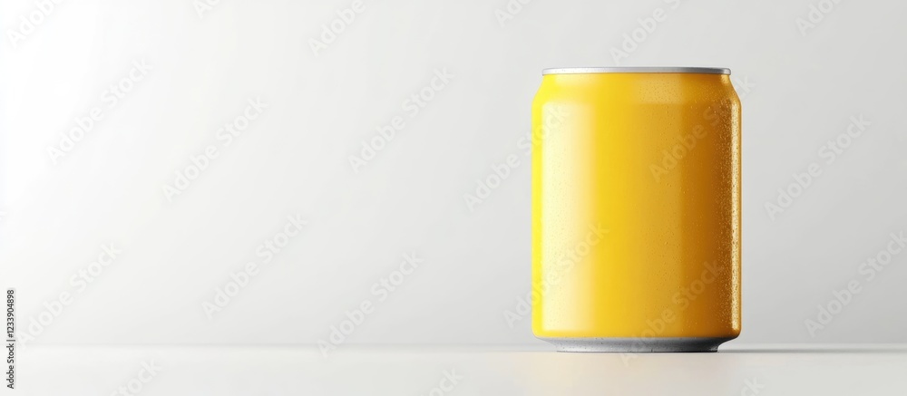 Poster yellow beverage can on a minimalistic background with copy space for text placement.