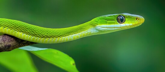 Naklejka premium Close-up of a green vine snake on a branch with blurred green background