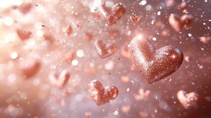 Floating heart-shaped confetti celebration soft rose gold background abstract art dreamy atmosphere close-up view