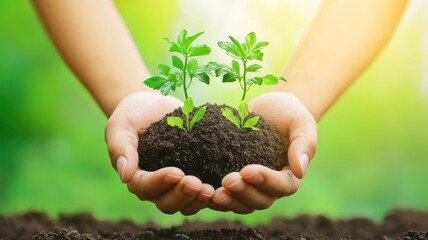 Nurturing earth and growth hands cradling vibrant plants in nature's embrace lush green environment