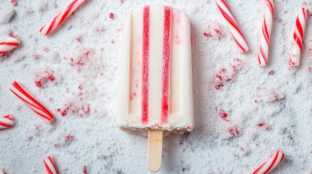 A festive holiday peppermint popsicle ice cream with candy cane stripes, resting on a bright white surface