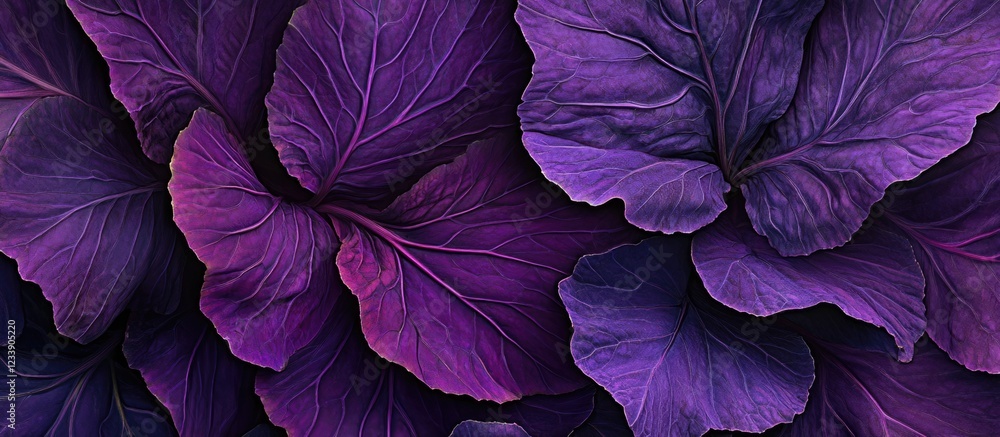 Poster purple cabbage leaves background texture with deep violet tones and intricate leaf patterns, ideal f
