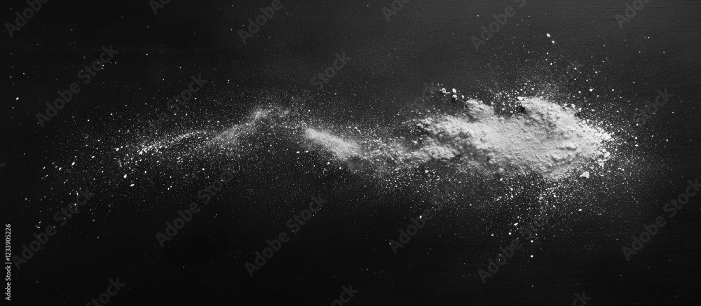 Poster black powder or dust particles on a dark background with dynamic movement and copy space for text pl
