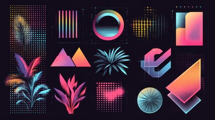Retro Vaporwave Tropical Plants Geometric Shapes Digital Art Background