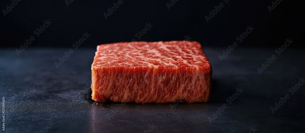Poster raw marbled beef steak on dark background with copy space for text or branding