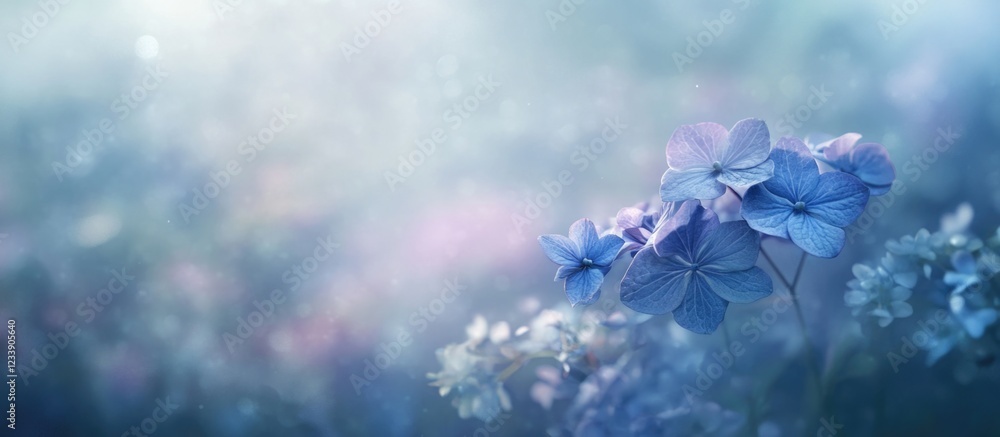 Poster blue hydrangea flowers in soft focus with blurred background and copy space for text usage.