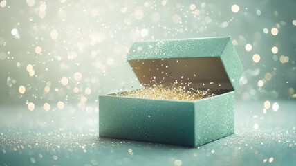 Enchanting open green gift box with golden sparkles magical atmosphere celebratory feel close-up view