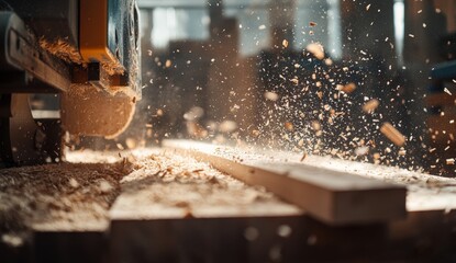 Woodworking shop planing machine cuts lumber, sawdust flies (1)