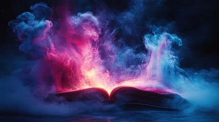 Fototapeta premium Mystical book emitting colorful beams of light in enchanted forest fantasy illustration nighttime surreal concept