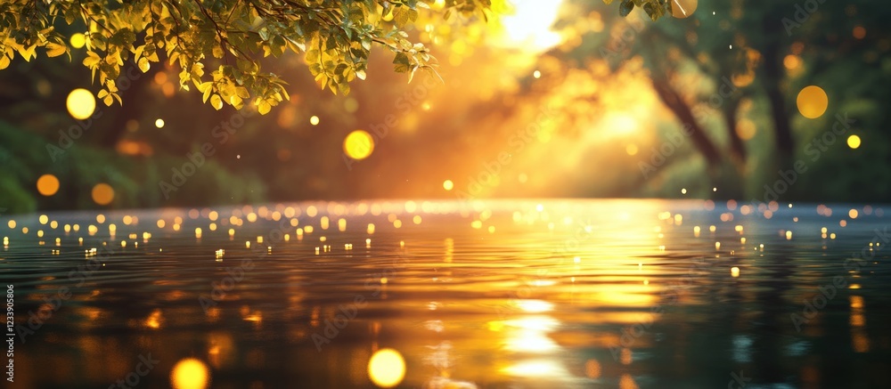 Poster sunlit forest pond with bokeh reflections and overhanging branches