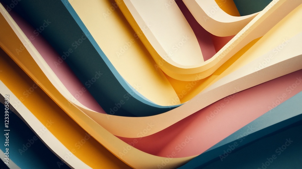 Poster abstract flowing wave pattern of curving paper sheets in multiple colors creating depth and dimensio