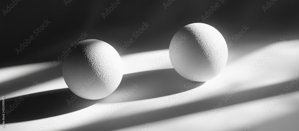 Poster minimalist black and white composition of two white eggs casting shadows on a flat surface with copy