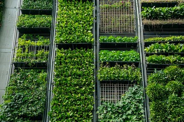 Vertical farming skyscrapers dominate the urban skyline, exemplifying sustainable agriculture and green innovation.