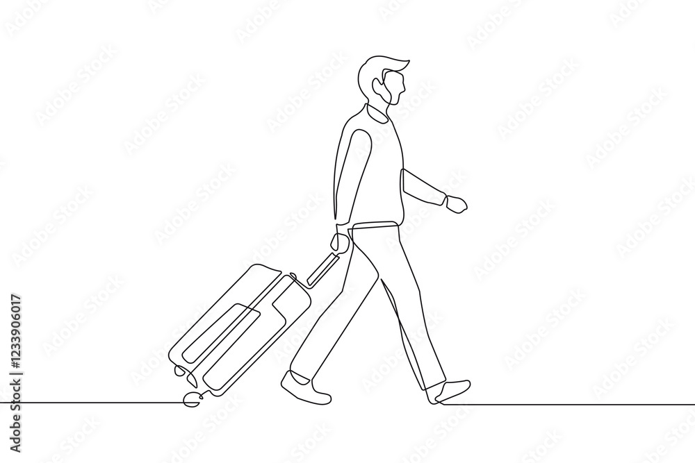 Poster man with suitcase continuous one line vector drawing. male traveler line art isolated vector hand dr