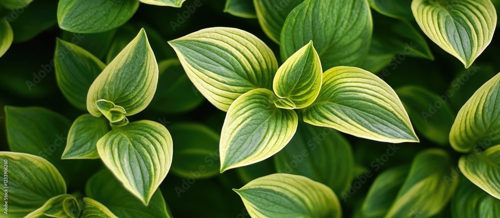 Poster green and yellow variegated hosta leaves close-up with intricate patterns and textures copy space