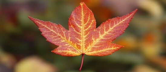 Obraz premium Close-up of a vibrant red maple leaf on blurred autumn background