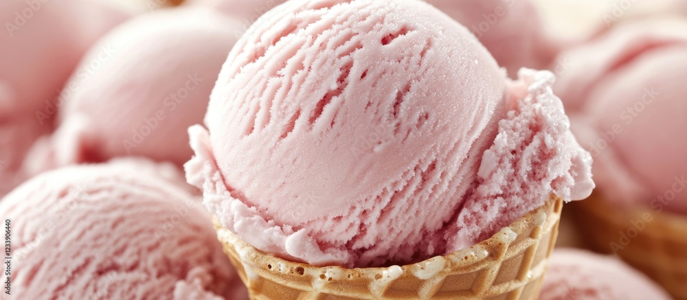 Poster pink ice cream scoops in waffle cones with a soft focus background and ample copy space for text.