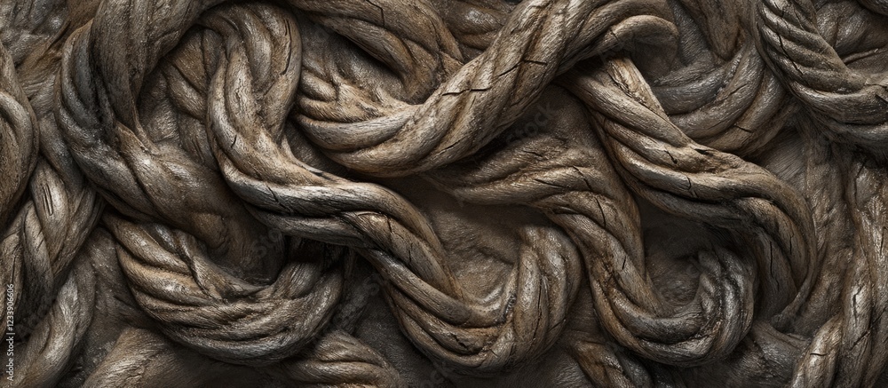 Poster textured close-up of intertwined natural fibers forming a complex rope pattern with detailed shading