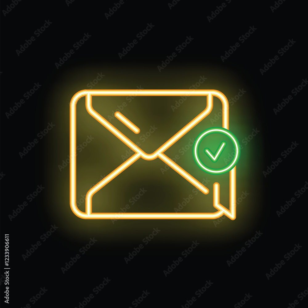 Poster glowing neon envelope icon with a check mark is a perfect visual representation of a successful emai