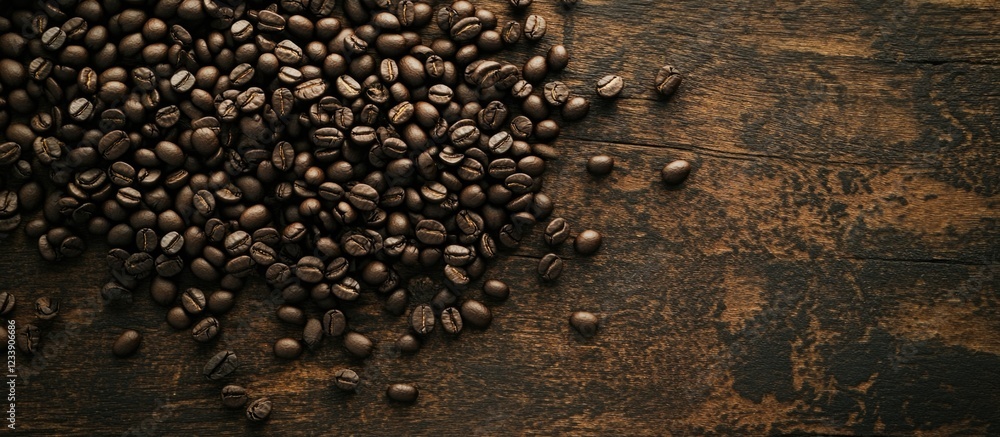 Poster coffee beans on a rustic wooden surface with copy space for text placement