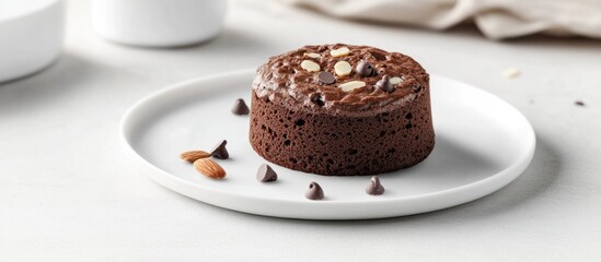 Chocolate cake with nuts and chocolate chips on white plate with copy space