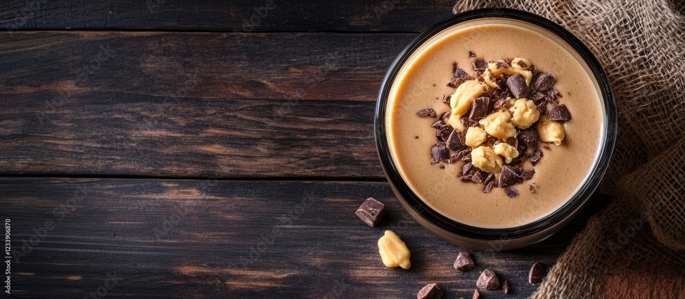 Poster peanut butter mousse topped with chocolate chips and nuts in a black bowl on a rustic wooden backgro