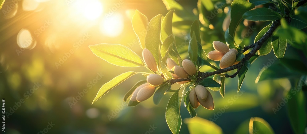 Poster sunlit almond tree branch with unripe almonds and bokeh background