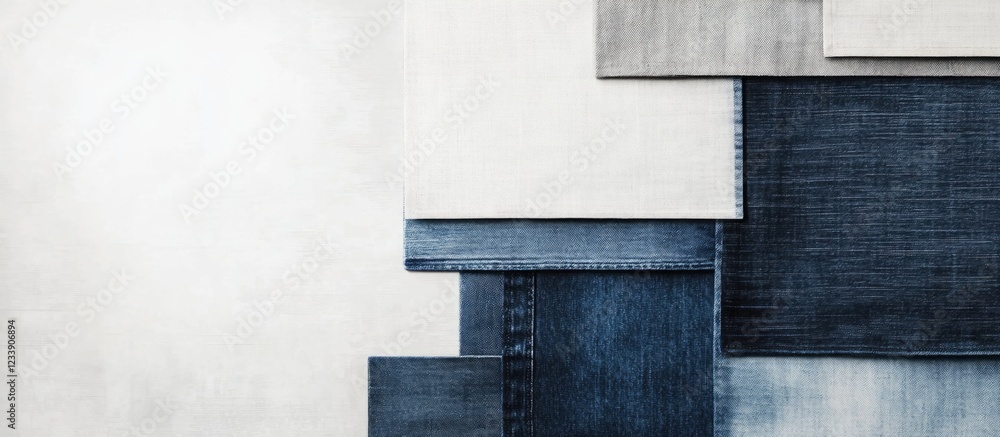 Poster abstract composition of layered denim textures in blue and gray tones with a light background and am