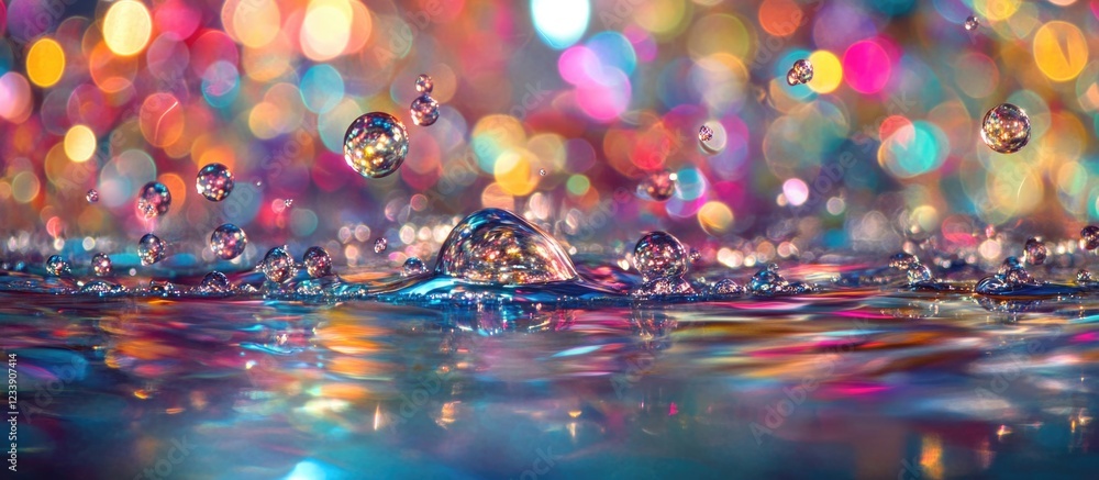 Aufkleber water surface with colorful bokeh background featuring droplets and bubbles creating ripples with co