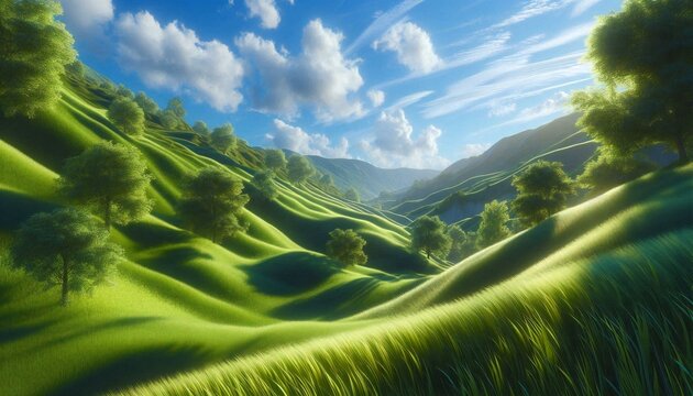 Lush Green Hills Under a Clear Blue Sky.