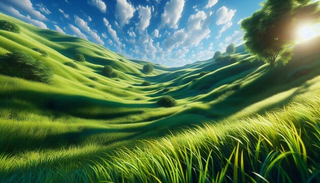 Lush Green Hills Under a Clear Blue Sky.