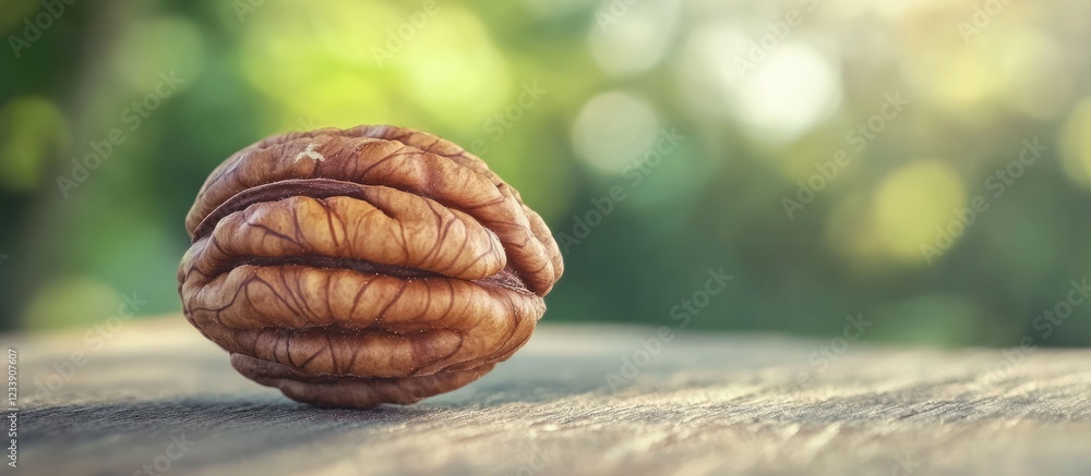 Poster pecan nut on wooden surface with natural greenery in background and soft bokeh effect copy space