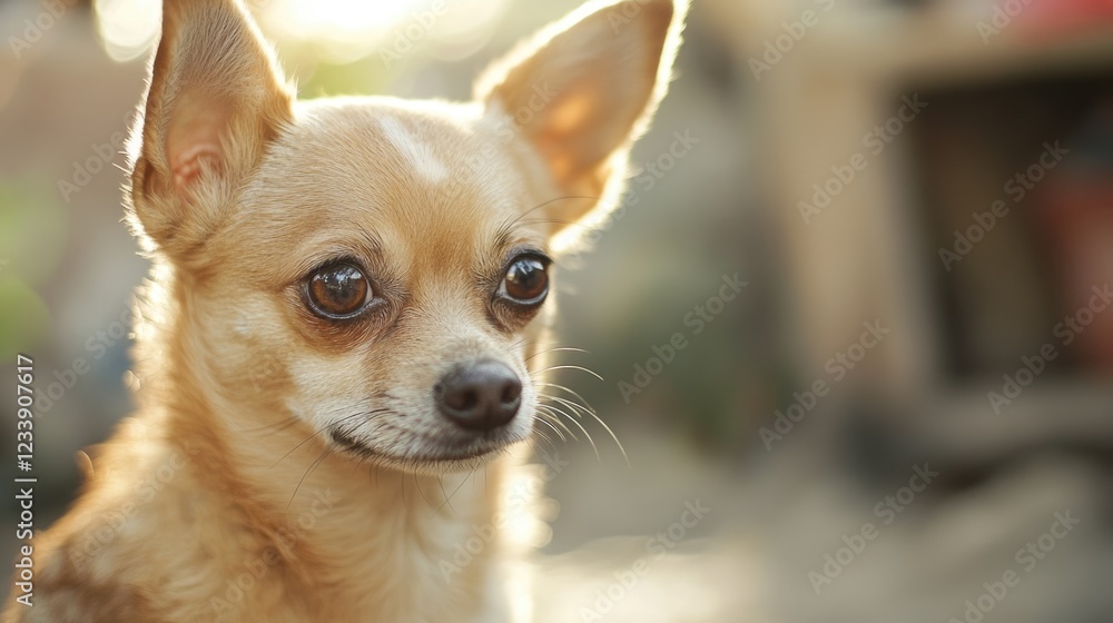 Poster cute chihuahua dog portrait with soft lighting and blurred background featuring copy space for text 