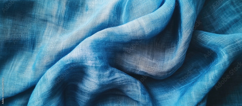Poster blue textured fabric draping in soft folds with natural light highlighting the fibers and a clean ba