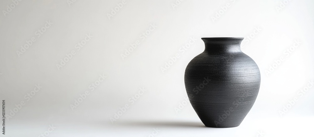 Poster black ceramic vase on a minimalist background with ample copy space for text placement.