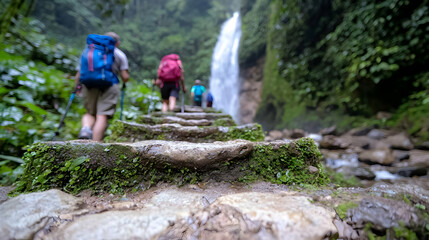 Obraz premium Hikers ascend stone steps towards rainforest waterfall