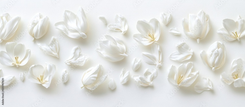 Poster white tulip petals arranged on a light background with copy space for text