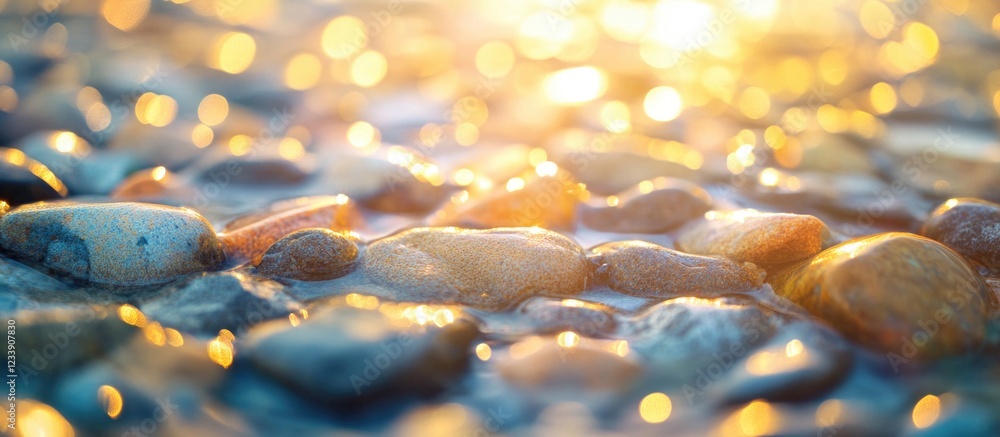 Poster close-up of wet pebbles on a beach with sunlight bokeh and shallow depth of field