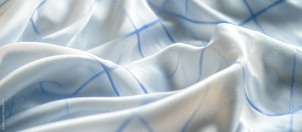 Poster close-up of soft crumpled fabric with light blue grid pattern and flowing texture